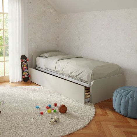 Letto singolo con letto estraibile, trasformabile in matrimoniale. Testate personalizzabili, reti in acciaio e doghe in faggio - Ecru cappuccino