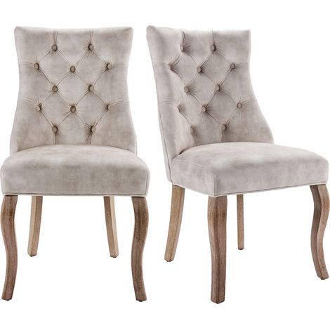 Lot de 2 chaises de salle à manger en velours, Dossier haut capitonné, Beige clair (1/5)