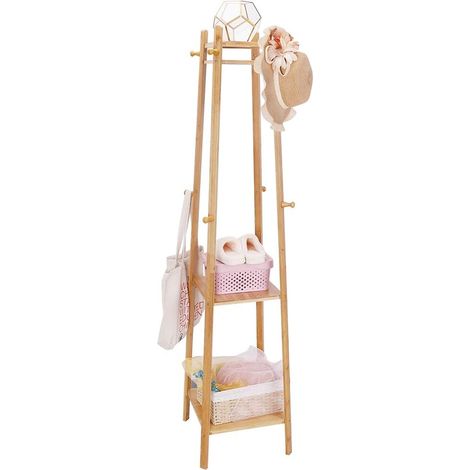 Bamboo Coat Rack on Stands Parrot Design with 3 Shelves 8 Hooks Solid Coat Rack for Entryway Home Bedroom Living Room - 169 x 39 x 39 cm (1/5)