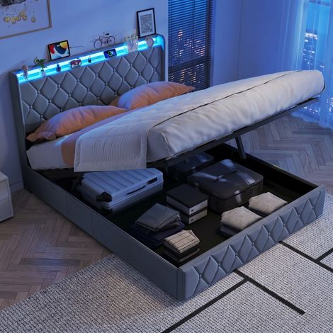 Letto contenitore 140x200 cm - Letto matrimoniale con testiera portaoggetti e ricarica usb tipo-c - Giroletto led rgb in velluto - Grigio moderno (1/5)