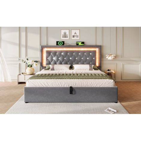 Lit double 160x200 cm en velours avec tête de lit à LED, rangements et coffre hydraulique, sans matelas (1/5)