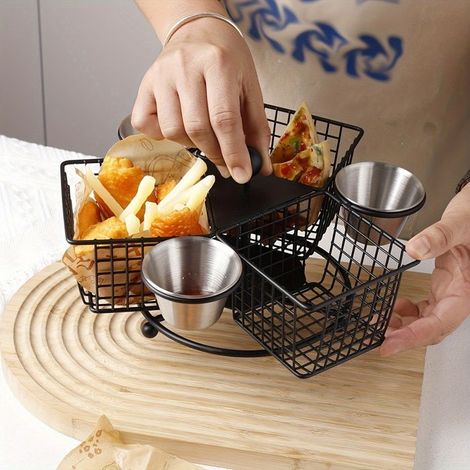 Ensemble 1 pièce : Panier de friture carré rotatif original / Panier à brochettes, avec coupelle à sauce (1/5)