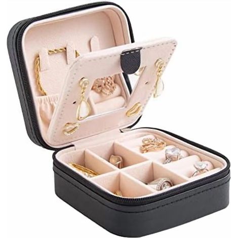Boite A Bijoux De Voyage - Boite Organisatrice Pour Bijoux Avec Miroir Integre - 6 Rouleaux A Anneaux 3 Crochets A Colliers 4 Compartiments - Noir (1/5)