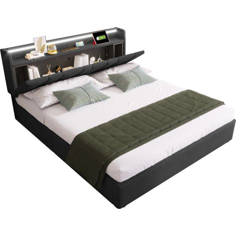 Lit coffre 160x200 en tissu gris avec tête de lit de rangement, prises, USB, Type-C et LED RGBW app, sommier bois et structure métal CHICFURN (1/5)