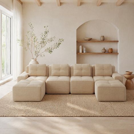 Sofá modular 4 plazas 74 cm beige de pana, asiento profundo y sin montaje (1/5)