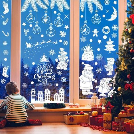 9 Feuilles Autocollants Noël, Décorations Fenêtre PVC Double Face, Stickers Réutilisables Sans Colle pour Maison École (1/5)