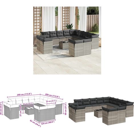 vidaXL Salon de jardin avec coussins 14 pcs gris clair résine tressée (1/3)