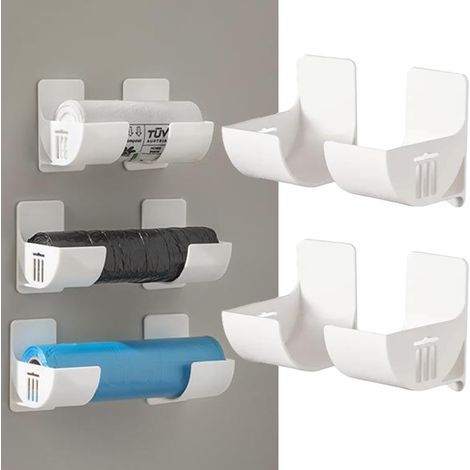 Juego de 4 dispensadores de bolsas de basura sin necesidad de taladrar, soporte de bolsas de plástico para montaje en pared, soporte para bolsas de supermercado, soporte blanco para bolsas de basura p (1/5)