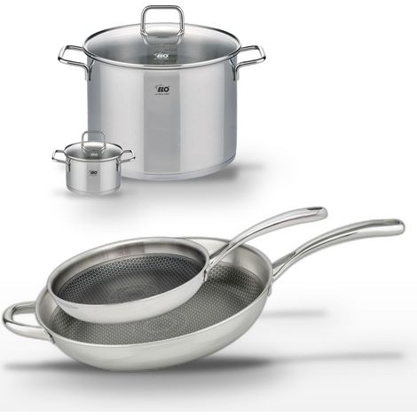 Lot de 2 Poêles 28/32 cm en inox Elo Relief Evolution et 2 Faitouts 12/26 cm Elo (1/5)