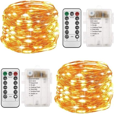 Guirlande lumineuse à piles, 10 mètres (10 m), 100 LED, télécommande avec minuterie, 8 modes d'éclairage, blanc chaud. (1/5)