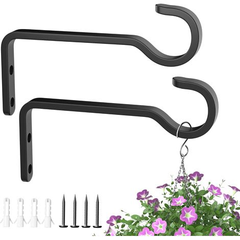 Juego de 2 ganchos de pared para plantas, 15,24 x 10,8 x 1 cm, color negro, fabricados en hierro. Soporte de pared resistente para exteriores, ideal para comederos de pájaros, macetas, jardineras colg (1/5)