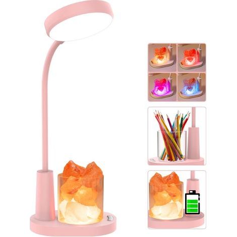 Lampe de Bureau Enfant, Lampe de Table avec Sel de l'Himalaya, Lampe de Chevet à Changement de Couleur Automatique, avec Porte-Stylo, Lampe de Lecture Rechargeable Dimmable pour Enfants-Rose (1/5)