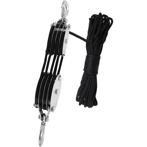 Système de poulies avec palan, poulie à roue en acier avec roulement pour camping, chasse, navigation de plaisance et levage (bricolage), 4 roues, 20 m, corde noire, forme crochet (1/5)