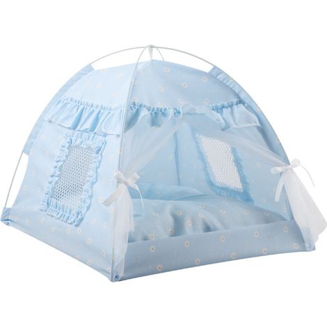 Tente pour chat, rideau de gaze pliable et semi-fermé, nid d'été portable pour chien 40 x 40 x 37 cm, convient aux animaux jusqu'à 2,5 kg, dentelle bleue (1/5)