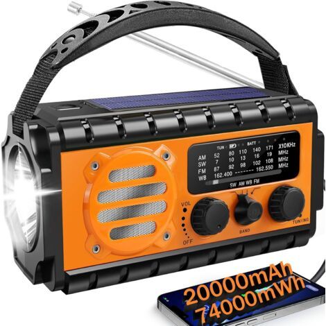 Radio d'urgence 20000 mAh avec météo NOAA, radio de survie portable SW / AM / FM avec batterie solaire rechargeable à charge rapide, lampe de poche, lampe de lecture, SOS Sirenor Home Outdoor