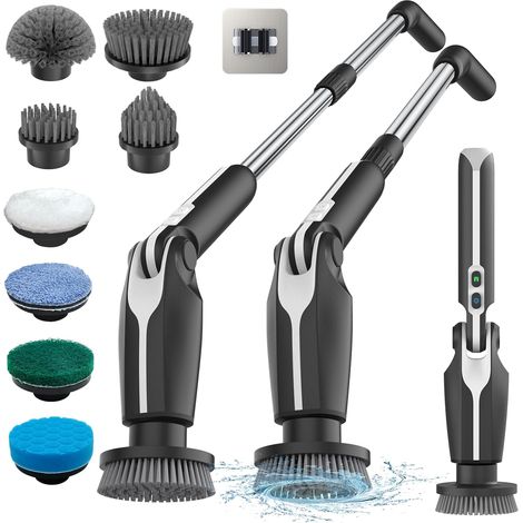 Spazzola elettrica per la pulizia 2024, spazzola per la pulizia senza fili con 8 spazzole sostituibili, telecomando, lunghezza regolabile 38-132 cm e 2 velocità di rotazione per bagno/cucina/auto