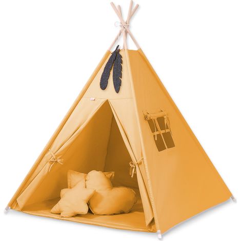 Tienda TIPI infantil + colchoneta + almohadas + colgantes de plumas - mostaza (1/5)