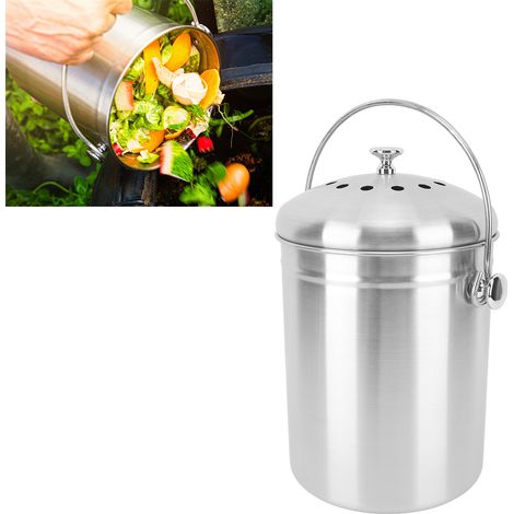 Poubelle ronde en acier inoxydable pour le recyclage des aliments avec revêtement anti-odeurs, poubelle à déchets de cuisine, poubelle à déchets étanche à l'humidité, bac à compost (1/5)
