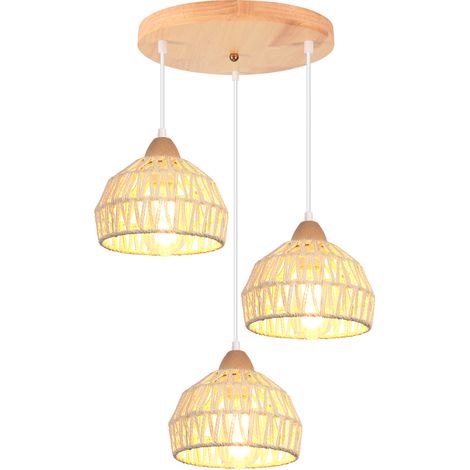 3 Lumières Tissé à La Main Lustre avec Corde en Papier Luminaire Suspension Style Rétro Vintage Plafonnier en Cage E27 pour Chambre Salon Couloir Blanc (1/5)
