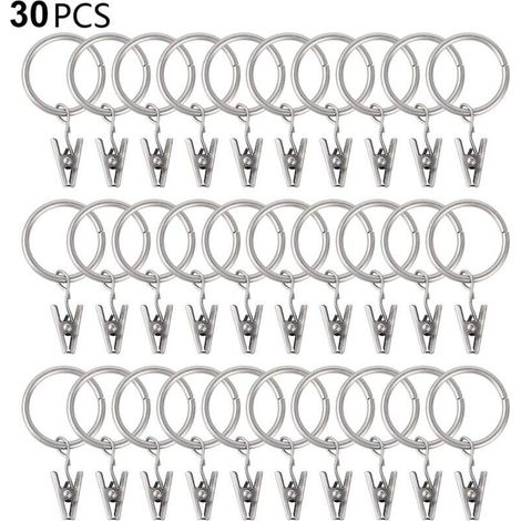 Lot de 30 anneaux de rideaux avec pinces, fixations robustes pour rideaux, crochets pour tringle à rideaux, œillets métalliques de diamètre intérieur, supports de rideaux décoratifs pour fenêtres. (1/5)