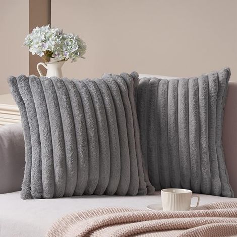 Lot de 2 housses de coussin en velours côtelé gris, moelleuses et douces, 40x40 cm, pour canapé, salon, chambre, lit.