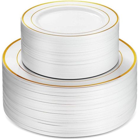 50 Plastikteller mit Gold- und Silberrand, 25 Speiseteller (15 cm) und 25 Salatteller (23 cm) für Partys