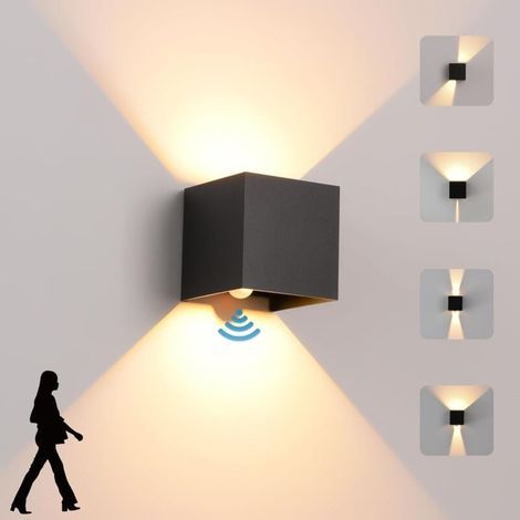 Applique murale LED 6 W pour intérieur/extérieur avec détecteur de mouvement, applique murale moderne blanc chaud 3000 K, appliques murales étanches IP65 avec angle de faisceau réglable, noir (1/4)