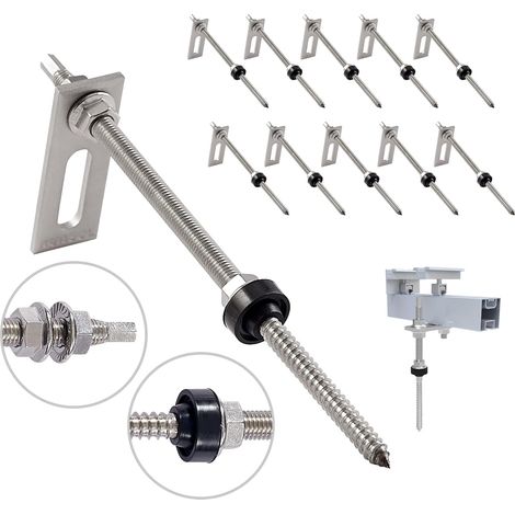 Nuasol – Lot de 10 vis à double filetage M10 x 200 mm – Acier inoxydable – Tôle d'adaptation incluse – Fixation panneaux solaires