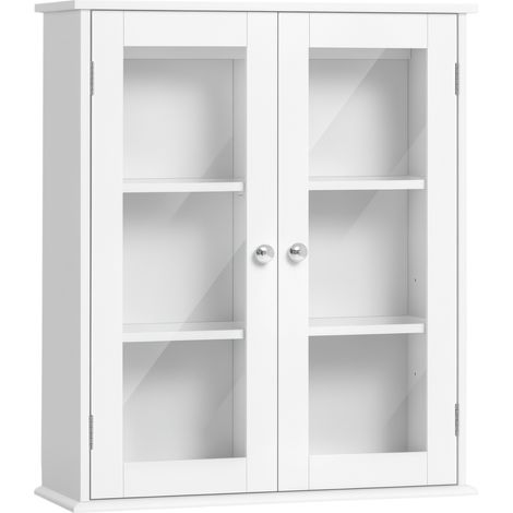 Beyamis Wandhängender Badezimmerschrank mit 2 Glastüren, vielseitiger Hängeschrank für Küche und Wohnzimmer mit Einlegeböden und verstellbarem Einlegeboden, 55 x 20 x 65 cm, Weiß