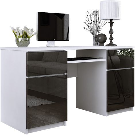 Bureau : 2 Tiroirs, Blanc Mat / Noir Brillant, 135 x 77 x 50 cm (1/5)