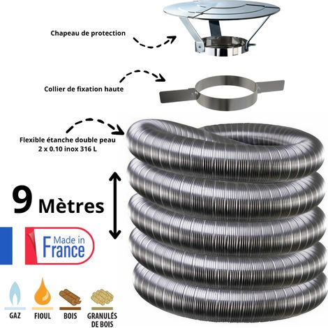 Edilinox – Kit complet de fumisterie tubage flexible double paroi inox 130mm – Longueur 9 mètres – Collier et chapeau inclus – Résistant aux températures élevées