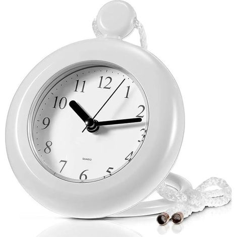 Orologio da parete per bagno, bianco, impermeabile, con quadrante trasparente e di facile lettura, ideale per bagni e piscine, con cordino. (1/5)