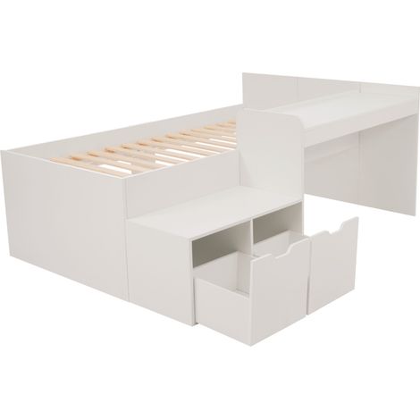 Cama infantil 90x200 cm con escritorio y 2 cajones de madera y MDF blanco, somier incluido (1/5)