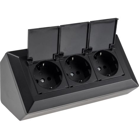 Bloc de prise multiprise 3 voies avec couvercle à charnière 230 V Prise pour cuisine, bureau, atelier, noir (1/5)