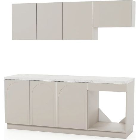 Vente-Unique – Cuisine complète 200 cm – 6 éléments de rangement – MDF beige finition mat – Plan de travail effet marbre blanc (1/4)