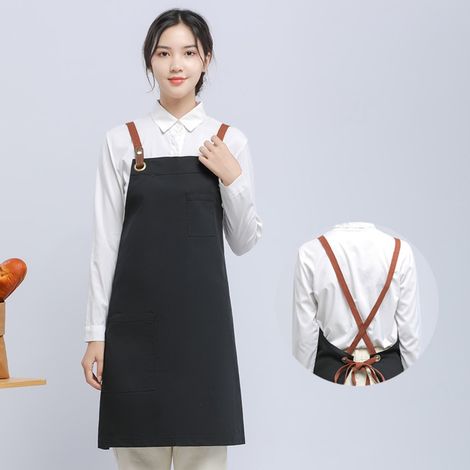 Tablier en toile imperméable pour le personnel de restaurant et de café, poche latérale, bouton-pression, doubles bretelles, tablier de barista et de cuisine noir (1/5)