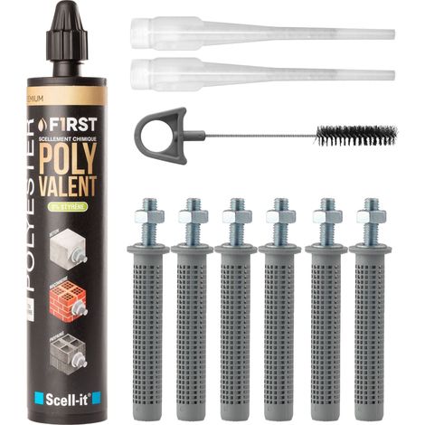 Scell-It – Kit de scellement chimique 300ml – Résine polyester sans styrène pour béton armé – 6 tamis Ø12mm et tiges M8 – Fixations lourdes - FIRST300
