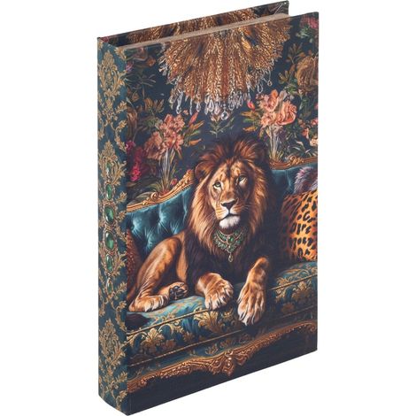 Caja joyero libro león en sofá azul petróleo y dorado 25 cm