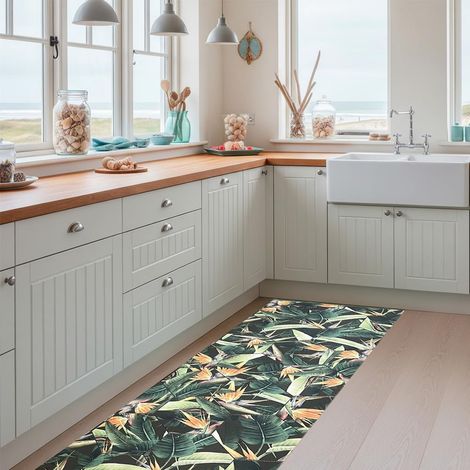 Tapis vinyle long numérisé, feuilles tropicales, prisme, moderne, design et résistance pour votre espace, cuisine, couloir, salon, salle à manger, sol en PVC (50 x 550 cm, tropical) (1/5)