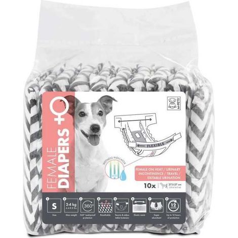 Camas para perros - M PETS - PAÑALES - Hembra S x10 - Cintura 17,5-37 cm - 2-4 kg - Indicador de humedad - Protección 12h (1/2)