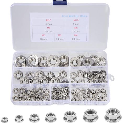 Lock Nut M3 M4 M5 M6 M8 M10 M12 Stainless Steel Hex Flange Nuts with Serrated Assortment Kit 105 Pieces (1/5)