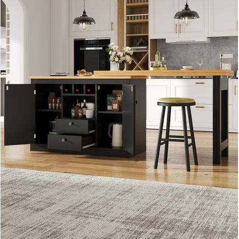 Sideboard bar extensible en MDF noir et naturel 120-180x40x76 cm, pivotant 360°, rangement avec casier à bouteilles (1/5)
