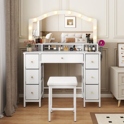 Large Dressing Table with 10 LED Bulbs, Makeup Vanity with 7 Fabric Drawers, 108cm Tabletop (1/2)
