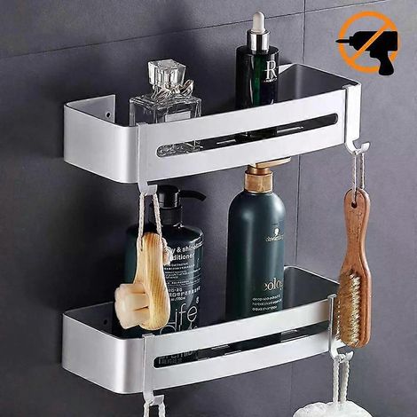 Étagère de salle de bain à fixation sans perçage, double couche, en acier inoxydable et alliage d'aluminium, avec panier de rangement pour shampoing. (1/5)