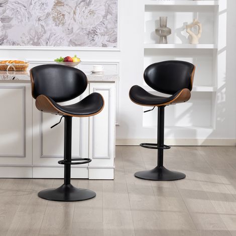 Set 2 sgabelli da bar girevoli a 360° regolabili in altezza, in legno e similpelle, con schienale ergonomico e poggiapiedi, per isola cucina e bancone - Nero