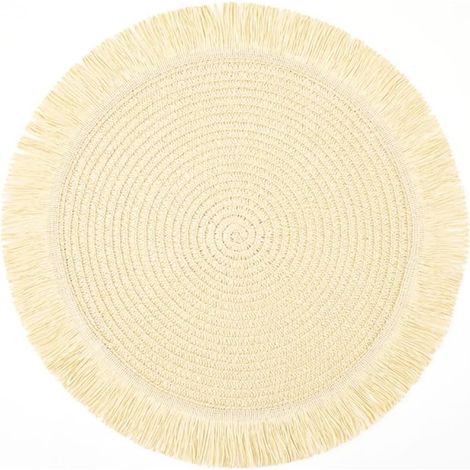 Lot de 4 sets de table ronds en paille de papier tissé avec pompons Beige 38 cm'Beige'Beige'- (1/2)