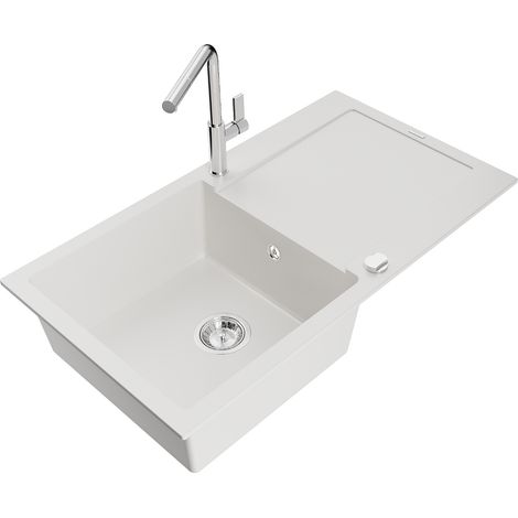 Mexen Leo lavello in granito a 1 vasca con sgocciolatoio e rubinetto cucina Flora, bianco - 6501-20-670401-00 (1/5)