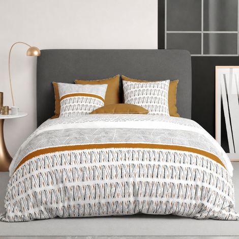 Parure housse de couette 240x220cm + 2 taies motif graphique blanc, noir et jaune 100% coton - SELINA (1/4)
