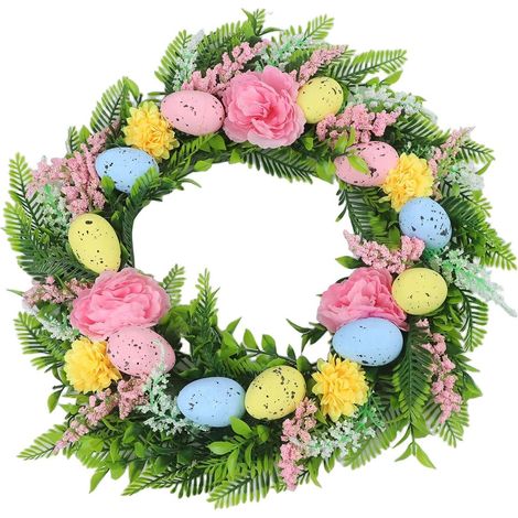 20-inch Hanging Easter Wreath with Artificial Flowers and Eggs (1/5)