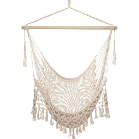 fauteuil suspendu en corde de coton macramé style bohème avec franges et structure en filet pour usage interieur et exterieur ideal pour la photographie et la détente (1/3)